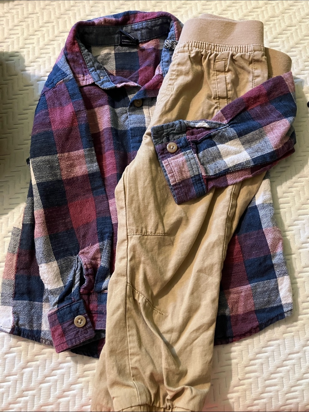 Kids Plaid Button-Down Shirt - Burgundy & Navy plus tan twill pants
